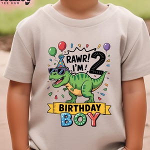 May include: A light gray t-shirt with a green dinosaur wearing sunglasses and a party hat. The dinosaur is holding a number 2. The text on the shirt says "Rawr! I'm 2 Birthday Boy".