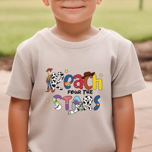 Reach Four the Sky Birthday T-Shirt, Kids  B-day Party, Unisex Children's Personalized Shirt, Toy Theme