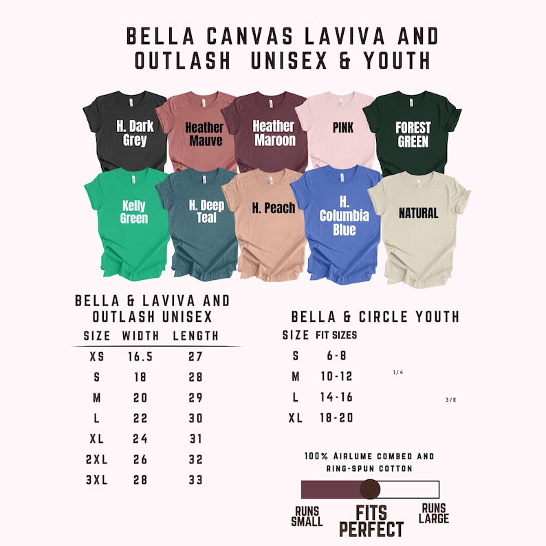 Puede incluir: Imagen de camisetas unisex y juveniles Bella + Canvas Laviva y Outlash en varios colores, como gris oscuro y rosa. Tambi&eacute;n se muestran tablas de tallas y detalles de la tela. Las camisetas est&aacute;n hechas de algod&oacute;n.