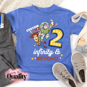 Camiseta de Toy Story para el segundo cumpleaños: Buzz Lightyear y Woody, nombre personalizado H. Columbia Blue