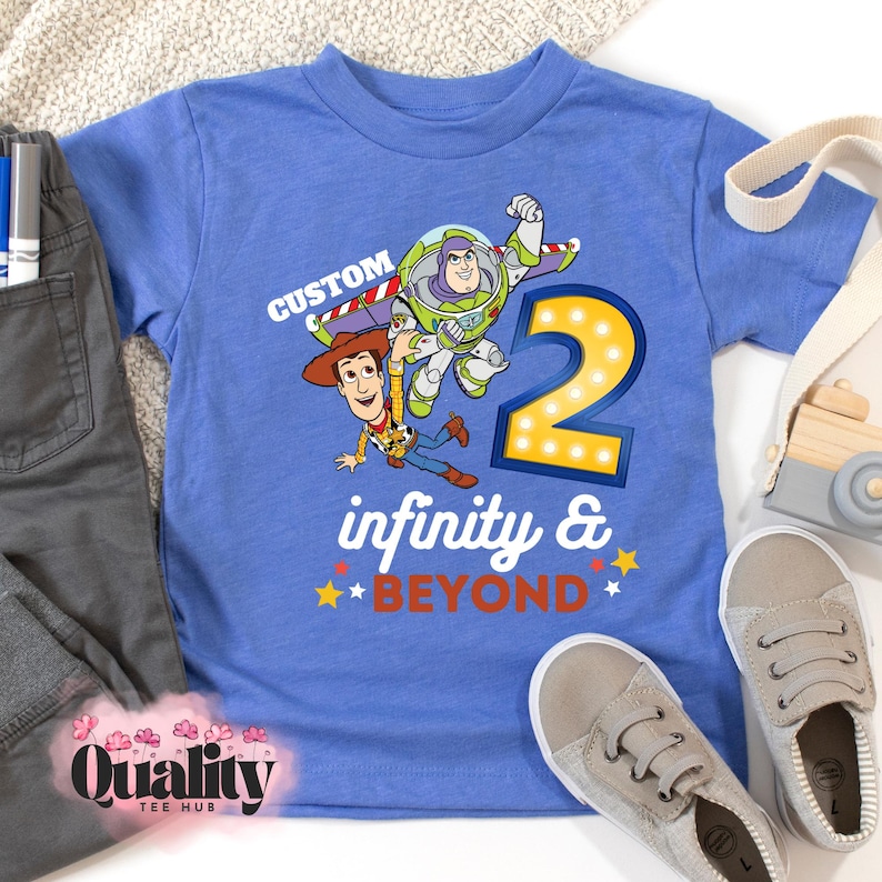 Camiseta de Toy Story para el segundo cumpleaños: Buzz Lightyear y Woody, nombre personalizado H. Columbia Blue