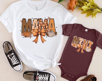 Conjuntos a juego de mamá e hija para otoño, con calabazas y Acción de Gracias.