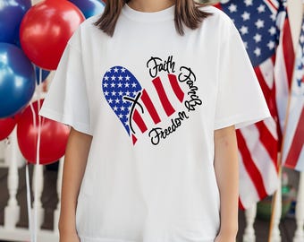 Faith Family Freedom Shirt, Christian Patriotic T-shirt, 4th of July American Flag Heart Cross Tee, Independence Day Gift