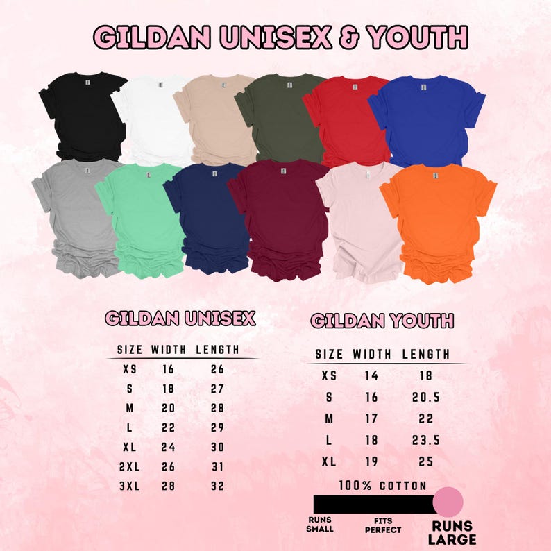 May include: A size chart for Gildan unisex and youth t-shirts. The chart shows the width and length measurements in inches for each size, from XS to 3XL. The chart also includes information about the fit of the shirts, indicating that they run small, fit perfect, or run large.