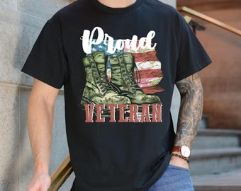 Proud Veteran T-Shirt, Distressed US Flag and Military Boots, Patriotic Gift for Him, Army Veteran Tshirt, Military Family Tee