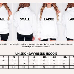 May include: Size chart for a unisex heavyblend hoodie. The chart shows the width, length, and sleeve length in inches for sizes S through 5XL.