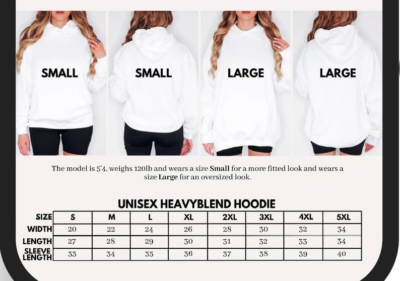 May include: Size chart for a unisex heavyblend hoodie. The chart shows the width, length, and sleeve length in inches for sizes S through 5XL.