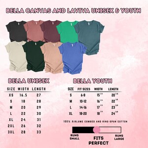 May include: A size chart for Bella Canvas and Laviva unisex and youth t-shirts. The chart shows the size, width, and length of the shirts in inches. The chart also includes information about the fit of the shirts, such as whether they run small, fit perfectly, or run large.