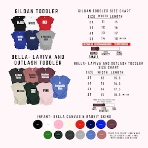 Puede incluir: Una imagen del producto muestra una variedad de camisetas para ni&ntilde;os peque&ntilde;os en diferentes colores, incluyendo negro, blanco y rojo. Tambi&eacute;n se muestran tablas de tallas para las marcas Gildan y Bella-Laviva, con medidas en pulgadas. La imagen tambi&eacute;n incluye una paleta de colores para camisetas de beb&eacute;.