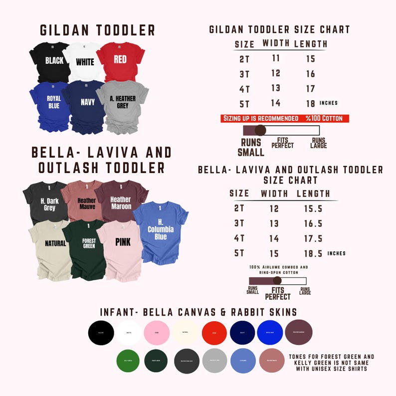 Puede incluir: Una imagen del producto muestra una variedad de camisetas para ni&ntilde;os peque&ntilde;os en diferentes colores, incluyendo negro, blanco y rojo. Tambi&eacute;n se muestran tablas de tallas para las marcas Gildan y Bella-Laviva, con medidas en pulgadas. La imagen tambi&eacute;n incluye una paleta de colores para camisetas de beb&eacute;.