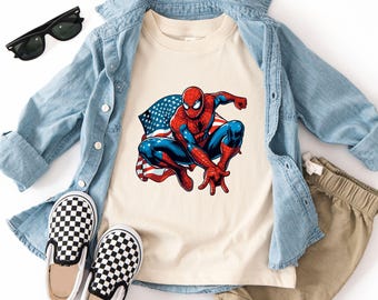 Patriotic Superhero T-Shirt, American Flag Comic Hero Tee, 4th of July Boys Shirt, Independence Day Kids Apparel, Red White Blue Top