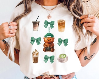 Teddy Bear Coffee Cup Tee, Watercolor Trendy Shirts for Coffee Lovers