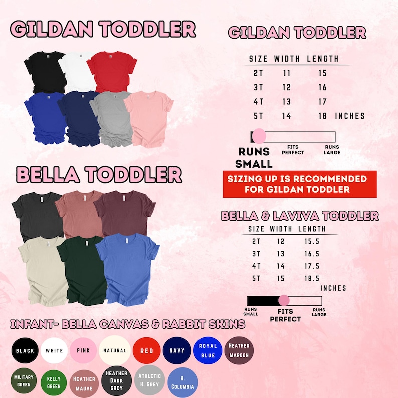 Puede incluir: Un gr&aacute;fico que muestra las medidas de talla y ancho para las camisetas para ni&ntilde;os peque&ntilde;os Gildan y Bella & Laviva. El gr&aacute;fico incluye las tallas 2T, 3T, 4T y 5T. El gr&aacute;fico tambi&eacute;n incluye una tabla de colores con los siguientes colores: negro, blanco, rosa, natural, rojo, azul marino, azul real y marr&oacute;n jaspeado.