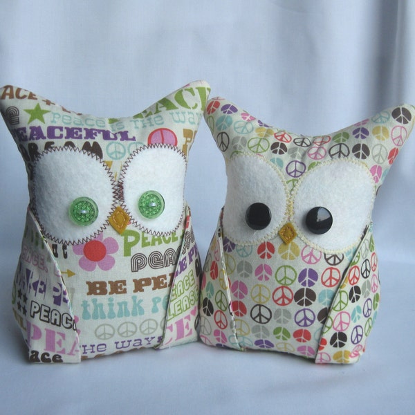 2 Owl Bookends, Doorstops, Paperweights Micheal Miller Peace fabric