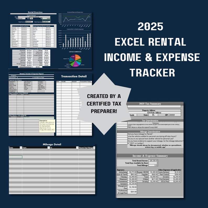 May include: A dark blue graphic with the text "2025 EXCEL RENTAL INCOME & EXPENSE TRACKER" in white. The image includes charts, tables, and the text "CREATED BY A CERTIFIED TAX PREPARER!"