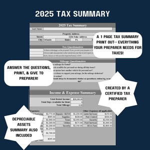May include: A 2025 Tax Summary form with sections for property address, tax questionnaire, and income & expense summary. Includes text: "A 1 page tax summary print out-- everything your preparer needs for taxes!" and "Created by a certified tax preparer."