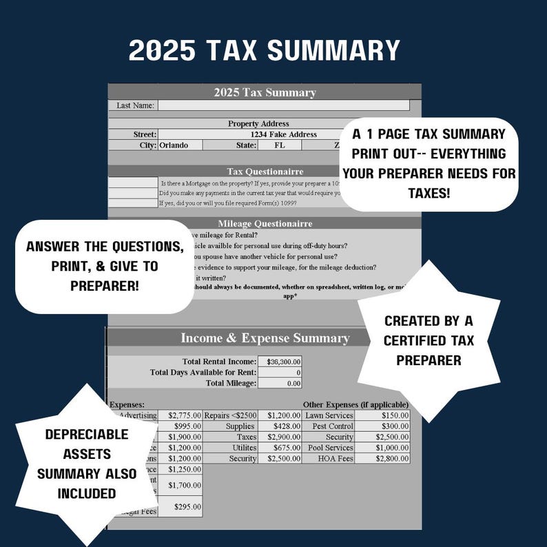 May include: A 2025 Tax Summary form with sections for property address, tax questionnaire, and income & expense summary. Includes text: "A 1 page tax summary print out-- everything your preparer needs for taxes!" and "Created by a certified tax preparer."