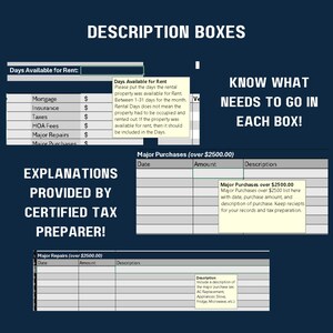 May include: A dark blue graphic with white text and tables. The text reads "Description Boxes" and "Know What Needs to Go in Each Box!". Tables detail rental property expenses. Explanations are provided by a certified tax preparer.