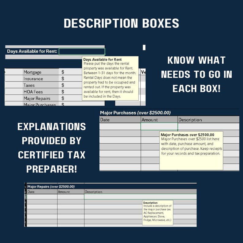 May include: A dark blue graphic with white text and tables. The text reads "Description Boxes" and "Know What Needs to Go in Each Box!". Tables detail rental property expenses. Explanations are provided by a certified tax preparer.