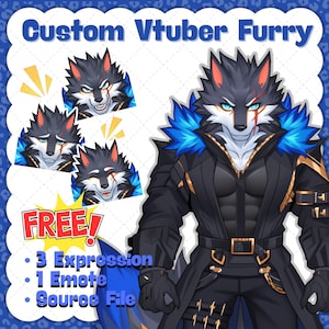 May include: A digital illustration of a custom Vtuber furry character. The character is a wolf with black and gray fur, blue eyes, and a scar. The image includes three expression emotes and one additional emote, with the text "FREE!"