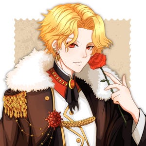 May include: An illustration of a person with golden hair and red eyes, wearing a brown coat with gold epaulettes and a white fur collar. The person holds a red rose. The image has a vintage aesthetic.