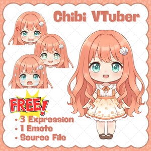 Peut inclure: Illustration numérique d'un personnage Chibi VTuber aux cheveux pêche et aux yeux turquoise. L'image comprend trois expressions faciales supplémentaires et le texte "FREE!" avec des détails sur les éléments inclus.