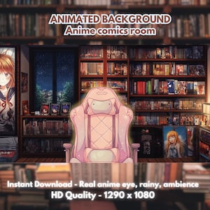 Puede incluir: Imagen de fondo animada de una habitación de cómics de anime. La escena presenta una silla de juego rosa frente a una ventana y estanterías llenas de libros y objetos relacionados con el anime. El texto de la imagen dice "ANIMATED BACKGROUND Anime comics room".