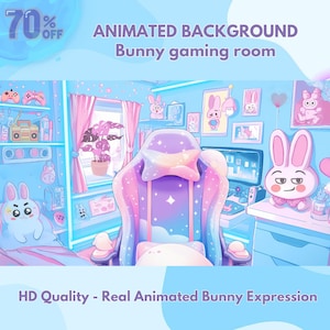 Puede incluir: Fondo animado que presenta una sala de juegos rosa y azul con una silla de juego de color pastel, un monitor de computadora y un personaje de conejo. El texto "70% OFF" y "ANIMATED BACKGROUND Bunny gaming room" se muestra en la parte superior de la imagen. El texto "HD Quality - Real Animated Bunny Expression" se muestra en la parte inferior de la imagen.