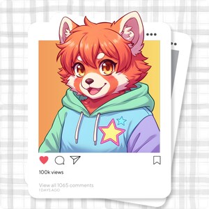 Può includere: Illustrazione di un personaggio di panda rosso con una felpa con cappuccio blu, verde e viola con un design a stella. L'immagine è presentata come un post sui social media, che mostra visualizzazioni e commenti.