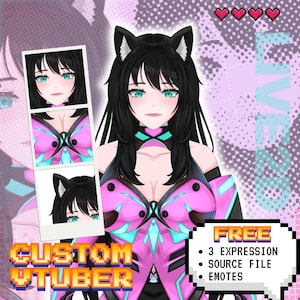 Könnte beinhalten: Eine digitale Charakterillustration mit einer Person mit schwarzen Haaren und Katzenohren, die ein pinkes und cyanfarbenes Outfit trägt. Ein vertikaler Streifen zeigt drei Gesichtsausdrücke. Der Text umfasst "CUSTOM VTUBER", "LIVE2D" und "FREE 3 EXPRESSION SOURCE FILE EMOTES".