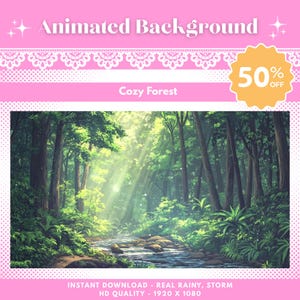 Fondo de transmisión con escena de bosque de anime encantado, dinámico y acogedor, para transmisión virtual.