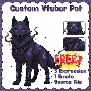 May include: Digital artwork of a black wolf with purple markings and glowing eyes. The image features the text "Custom Vtuber Pet" and information about expressions, emotes, and source files.