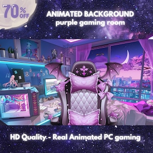 May include: Animated background featuring a purple gaming room with a pink gaming chair, a computer, and a window with a view of a city skyline. The text "ANIMATED BACKGROUND purple gaming room" is displayed at the top of the image.