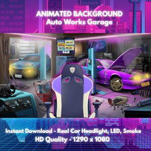 Puede incluir: Imagen de fondo animada de un garaje de taller mecánico con dos coches, uno azul y otro morado. La imagen incluye el texto "ANIMATED BACKGROUND Auto Works Garage" y "Instant Download - Real Car Headlight, LED, Smoke HD Quality - 1290 x 1080".