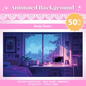 Puede incluir: Imagen de fondo digital animada de una sala de estudio con vista a una ventana lluviosa. La imagen tiene una combinación de colores púrpura y azul, un escritorio con una computadora y el texto "Animated Background" y "Study Room". Un círculo amarillo indica un 50% de descuento.