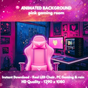 Op de afbeelding: Een roze gamingkamer met een roze gamestoel, computer en monitor. De kamer heeft een raam met uitzicht op een stad 's nachts. Tekst op de afbeelding luidt "ANIMATED BACKGROUND pink gaming room" en "Instant Download - Real LED Chair, PC Gaming & rain HD Quality - 1290 x 1080".