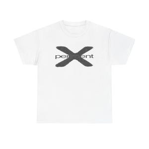 May include: A white short-sleeved t-shirt featuring a large, dark gray, textured letter X printed on the center of the chest. The word "perment" is printed in a smaller, dark gray, sans-serif font horizontally across the center of the letter X.