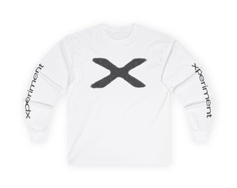 May include: A white long-sleeve shirt featuring a large, dark gray, textured X graphic centered on the chest. The word xperiment is printed in black, lowercase letters vertically along the outer side of both sleeves, starting from the shoulder.