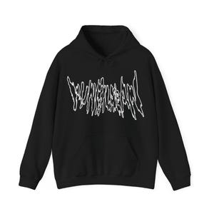 Può includere: Felpa con cappuccio nera con una stampa grafica bianca della parola "FUNERAL" in un font distorto e gocciolante.