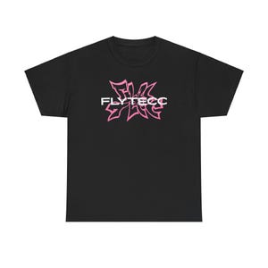 May include: Black t-shirt featuring a pink graphic design with the text "FLYTECC" in white.
