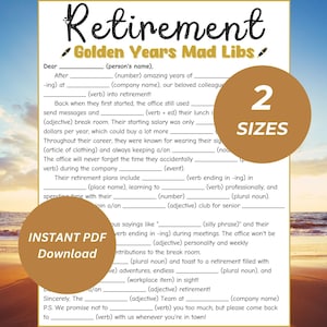 May include: A printable Mad Libs game for retirement with a beach background. The text reads "Retirement Golden Years Mad Libs".