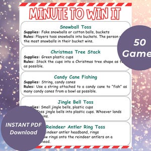 Christmas Minute to Win It Games, 50 Minute to Win It Party Games, Printable Games For Family, Dinner Party Games, Family reunion