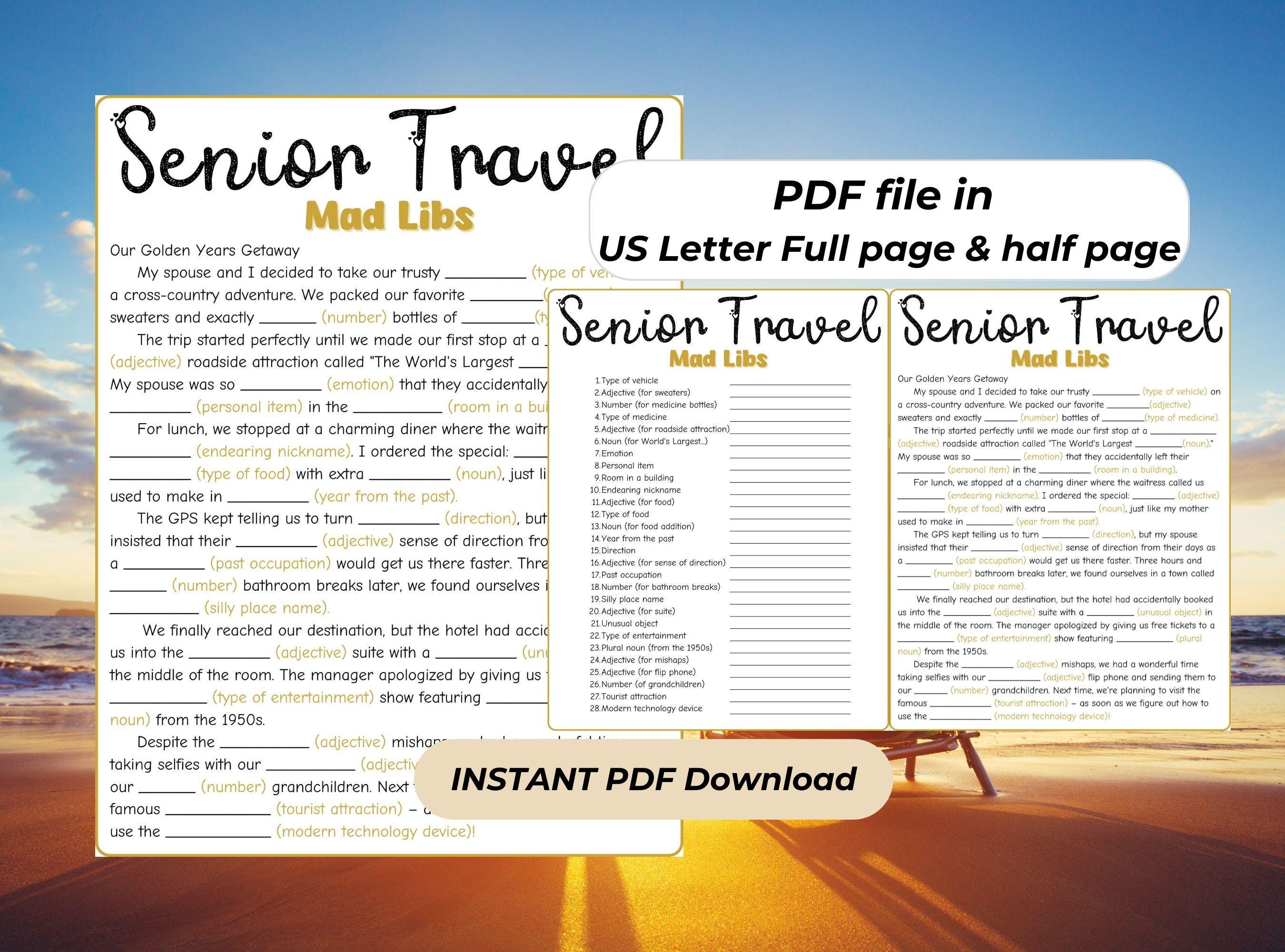Senior Travel Mad Libs Printable, Funny Road Trip Game for Seniors, Instant Download PDF ...