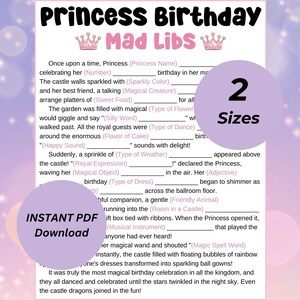 May include: A printable Mad Libs game for a princess birthday party. The game features a pink and purple background with a crown and the text "Princess Birthday Mad Libs".