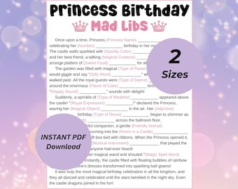 Princess birthday girl Mad Libs Printable Game for Kids, Birthday Party Activity Girls, Fun Mad Libs for princess theme birthday party