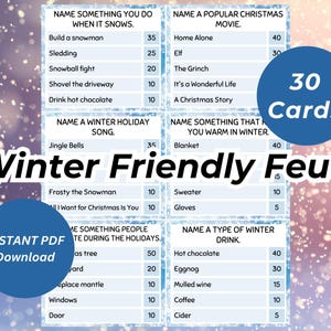 Juegos de fiesta de peleas familiares de invierno, juegos de peleas familiares de invierno imprimibles para niños y adultos, actividades divertidas de trivia familiar de invierno, 30 tarjetas