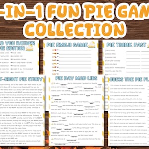 May include: A printable 6-in-1 pie game collection with different game ideas, including "Would You Rather Pie Edition", "Pie Emoji Game", "Pie Think Fast", "Left-Right Pie Story", "Pie Day Mad Libs", and "Guess the Pie Flavor".