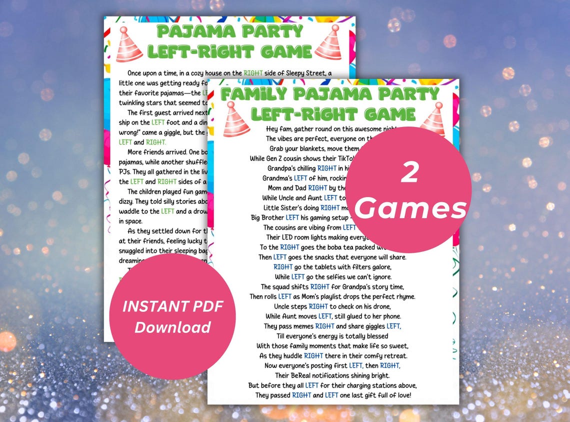 Pajama Party Left Right Game Printable, Family Party Game Night ...