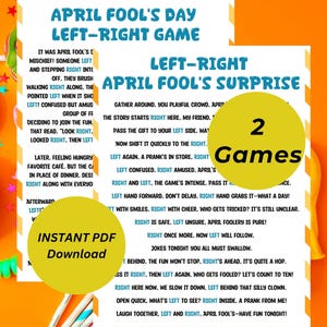 以下が含まれることがあります： 青と黄色のストライプの印刷可能なゲームカード2枚。カードには、エイプリルフールのための左右のゲームが掲載されています。カードのテキストには、「左」、「右」、「エイプリルフール」という言葉が含まれています。