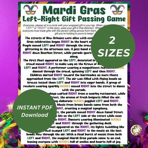 Mardi Gras Left Right Game, afdrukbaar cadeau passeerspel, leuk feestspel, Mardi Gras-feestactiviteit, spel voor volwassenen kinderen, verhaal links rechts